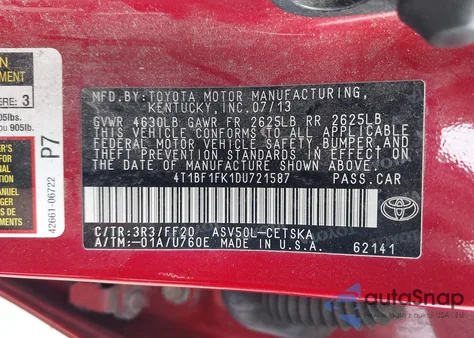 2013 Toyota Camry Se z USA, uszkodzony, nr VIN 4T1BF1FK1DU721587